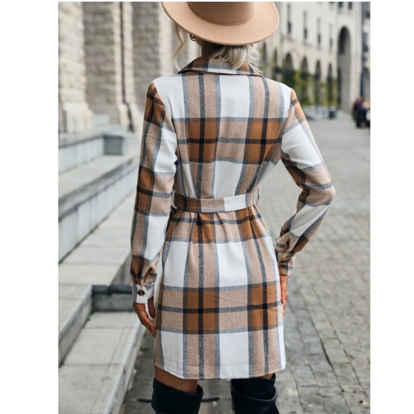Plaid Long Sleeve Button Front Tie Belted Short Shirt Style Dress - Picture 3 of 10